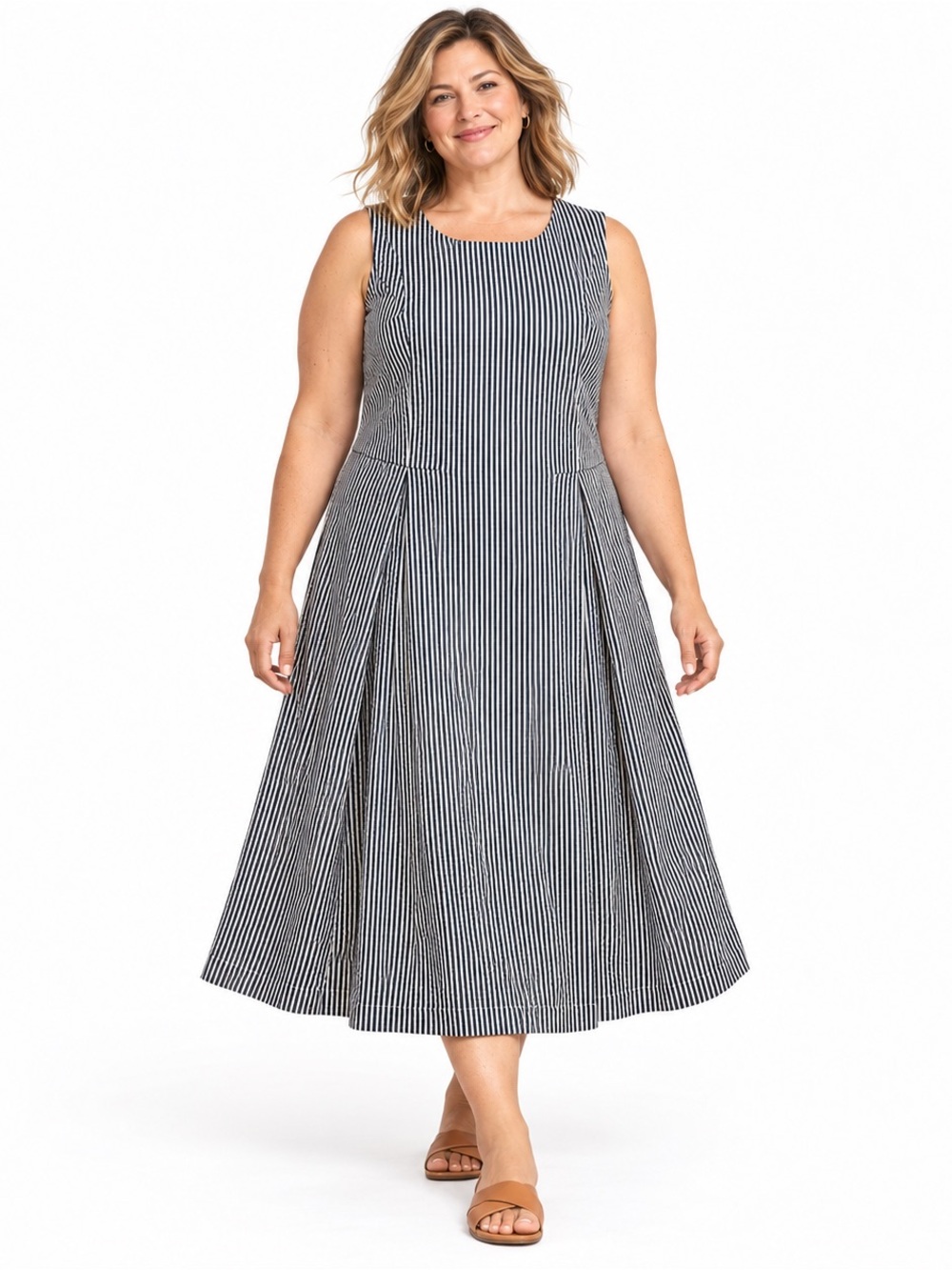 J. Jill pleated sleeveless seersucker a line midi dress size 2X preppy nautical